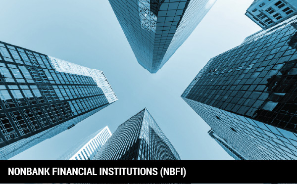 Multiple skyscrapers from the vantage point of looking skyward, with a blue overlay and nonbank financial institutions (NBFI) in text.  Multiple skyscrapers from the vantage point of looking skyward, with a blue overlay and nonbank financial institutions (NBFI) in text.