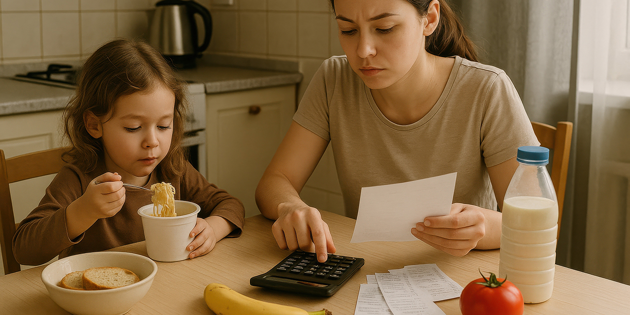 woman using a calculator and reviewing bills at kitchen table with young girl eating noodles woman using a calculator and reviewing bills at kitchen table with young girl eating noodles