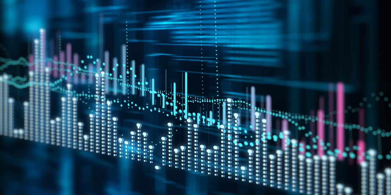 Blue and pink bar and line charts overlaid on a dark blue and black screen Blue and pink bar and line charts overlaid on a dark blue and black screen