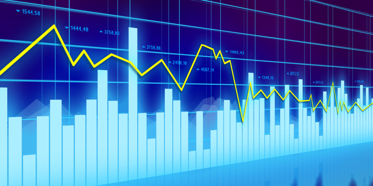 A bright blue column and yellow line graph on a darker blue background, reflecting downward. A bright blue column and yellow line graph on a darker blue background, reflecting downward.