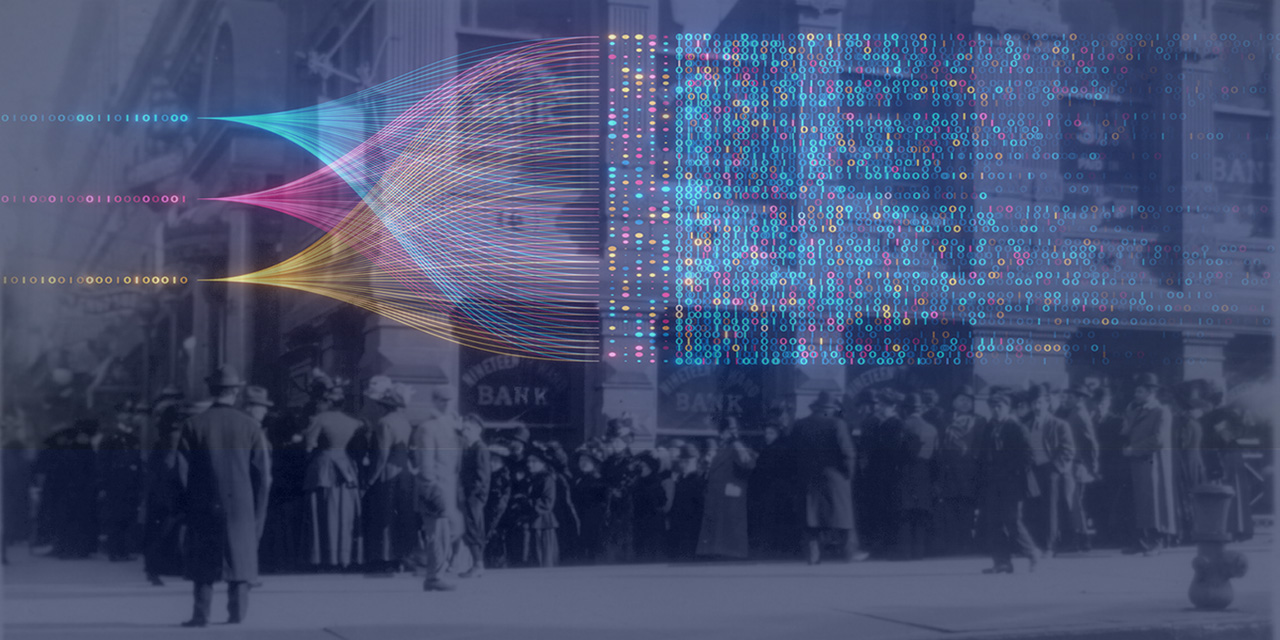 Created image of an early 20th Century bank run with pink, blue and yellow flow concept Created image of an early 20th Century bank run with pink, blue and yellow flow concept