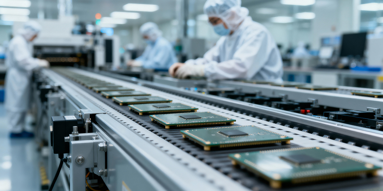 Workers on a production line in white protective gear assembling semiconductors on memory boards that are moving on a conveyor belt Workers on a production line in white protective gear assembling semiconductors on memory boards that are moving on a conveyor belt