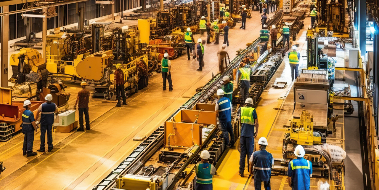 high-angle view shows workers in high-visibility vests operating in a busy manufacturing facility high-angle view shows workers in high-visibility vests operating in a busy manufacturing facility