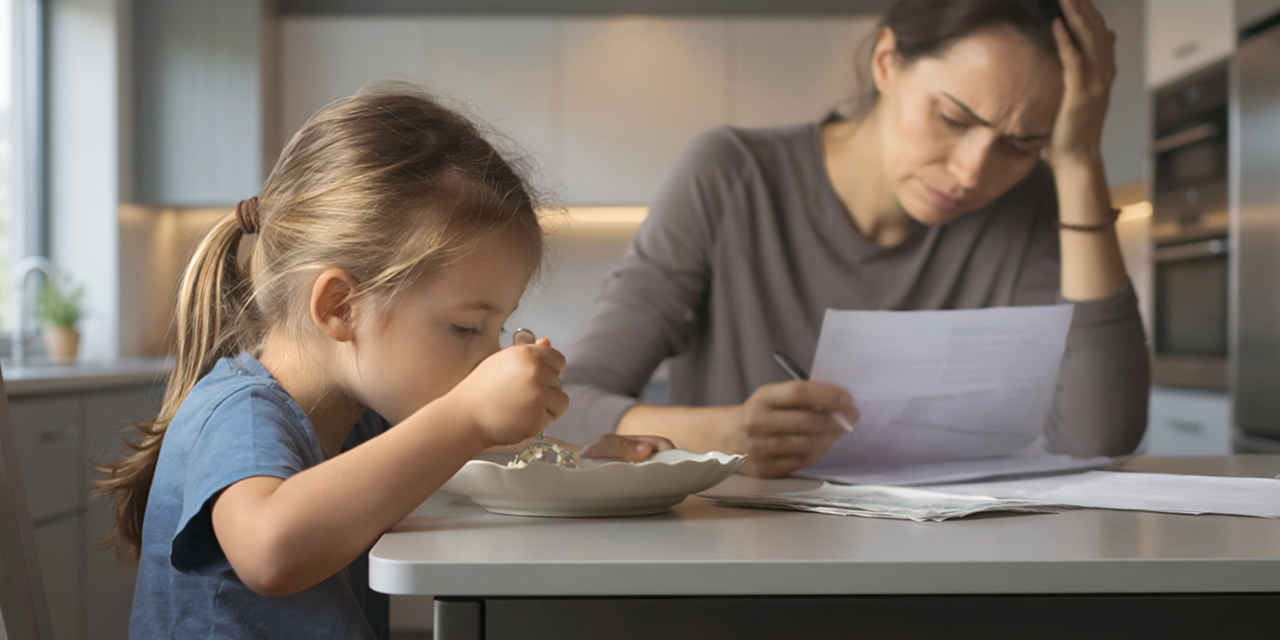 person reviewing financial documents at kitchen table while child eats meal person reviewing financial documents at kitchen table while child eats meal