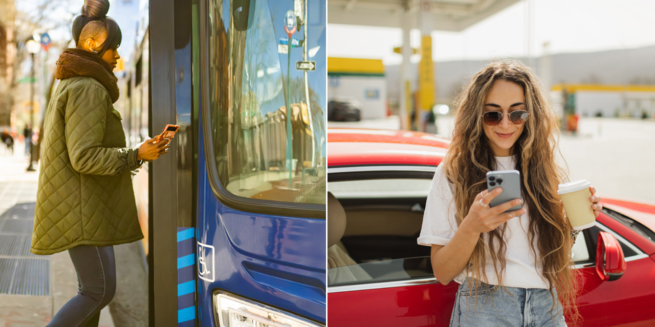 woman in green jacket holding a cell phone boarding a bus next to image of woman in sunglasses leaning against red car while looking at cell phone and holding coffee cup woman in green jacket holding a cell phone boarding a bus next to image of woman in sunglasses leaning against red car while looking at cell phone and holding coffee cup