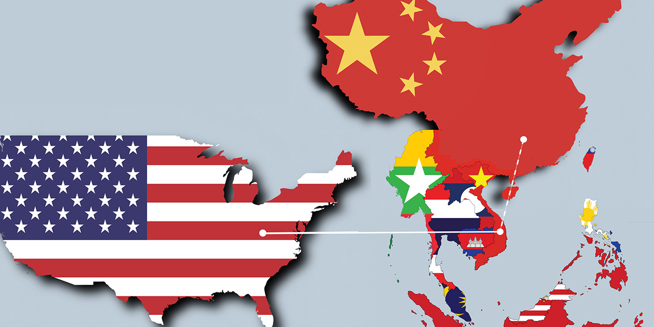 Illustration depicting a line from China to Vietnam and from Vietnam to the U.S. Illustration depicting a line from China to Vietnam and from Vietnam to the U.S.